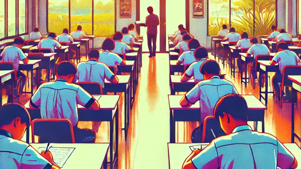 the image depicting students taking an exam in a classroom setting.